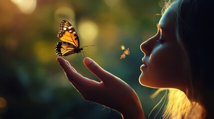 A young girl gently releases a butterfly from her hand, symbolizing freedom, hope, new beginnings, and the beauty of nature. The warm sunset light creates a magical atmosphere, highlighting the delica