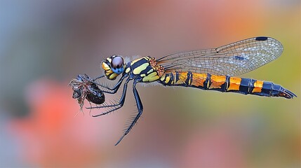 A vibrant dragonfly with black, yellow, and orange stripes hovers in mid-air, its legs gripping a captured insect.