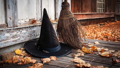  A witch's hat and broomstick left abandoned on the porch of an old, rickety house