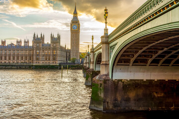 Wall Mural - Houses of Parliament with Big Ben tower and Westminster bridge at sunset, London, UK