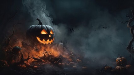 Poster - halloween background with house fire burning in the forest