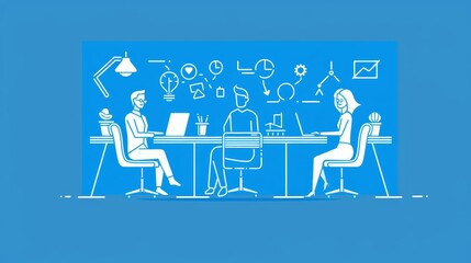 Poster - Three business professionals working together at a minimalist digital workspace, symbolizing collaboration, innovation, communication, efficiency, and technology.