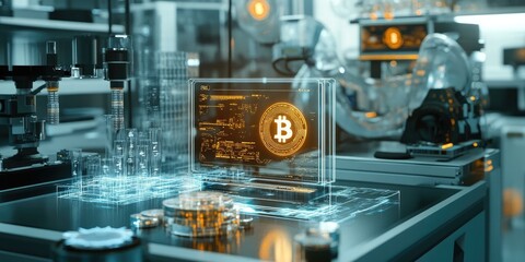 Canvas Print - Bitcoin hologram displayed in futuristic lab.