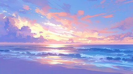 Peaceful anime beach sunset soft waves gentle breeze pastel skies tranquil shore warm colors relaxing scene