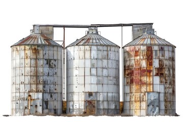 A group of metal silo structures sit side by side, often used for grain storage or agricultural purposes