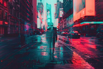 Wall Mural - Person walking on city street at night, with urban background and lights