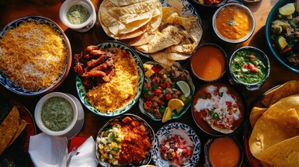 A Variety of Mexican Dishes Arranged on a Wooden Table