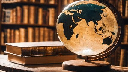 Crystal glass globe with  books and library background for environment and conservation. . Earth crystal glass globe ball. AI generated image, ai