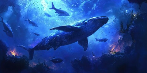 Wall Mural - A blue whale swims through an underwater world.