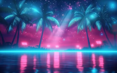 A neon light background with palm trees and water, featuring a glowing pattern of red and blue lights, creates an atmosphere reminiscent of the 1980s and 1990s music video era Generative AI