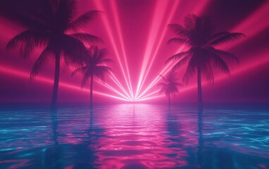 Wall Mural - A neon light background with palm trees and water, featuring a glowing pattern of red and blue lights, creates an atmosphere reminiscent of the 1980s and 1990s music video era Generative AI