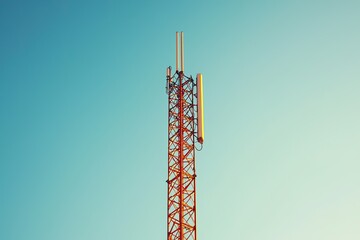 A tall red tower stands against a blue sky. This photo is ideal for illustrating articles about communication technology.