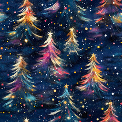 colorful christmas tree with stars, blue seamless background pattern