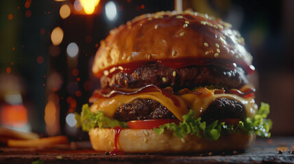 hamburger on a black background, hamburger on a wooden table, sandwich closeup photo, food demonstration, restaurant professional photo, american food, burger