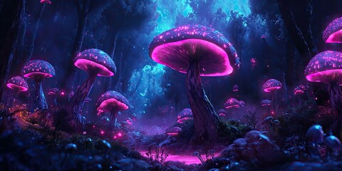 glowing purple mushrooms in a dark forest.
