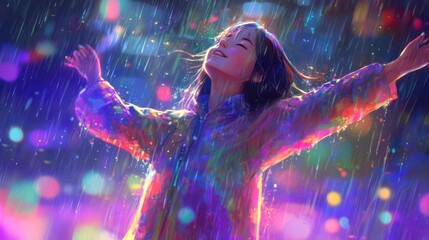 A soft girl dancing in the rain, wearing a pastel raincoat and surrounded by colorful raindrops, anime style, soft lighting, high detail