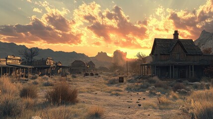 A deserted Western town at sunset. This photo is perfect for illustrating historical Western settings, stories, and themes.