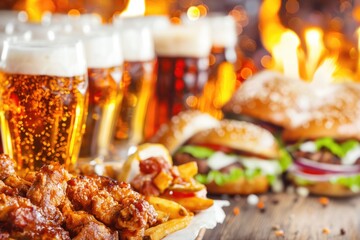 Delicious Pub Feast: Beer, Burgers, and Chicken Wings with Cozy Ambiance