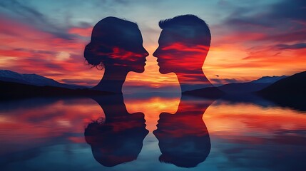 A couple profiles blending with a vibrant sunset over a tranquil lake.