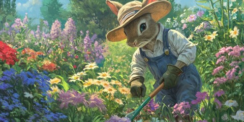 Wall Mural - A rabbit wearing overalls gardens in a colorful flower field.