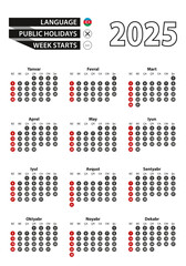 Azerbaijani calendar 2025 with numbers in circles, week starts on Sunday. 2025 with flag of Azerbaijan.