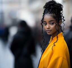 closeup woman curly hair wearing yellow jacket black manga girl angelic features teenage inspiring twisted braids fountain youth adult book fairy symmetric beauty