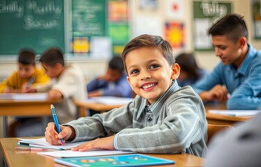 Smiling boy sitting at a school desk.