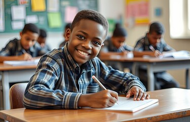 Smiling boy sitting at a school desk.