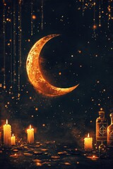 Poster - A dark background with a crescent moon and twinkling stars, adorned with candles, pentacles, and a potion bottle pattern