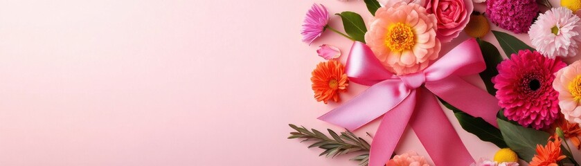 Poster - Pink Flowers and Ribbon on Pink Background