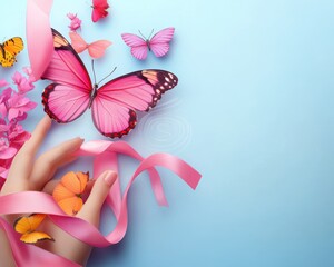 Canvas Print - Pink Butterflies  Flowers and Ribbon on Light Blue Background