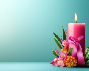 Canvas Print - Pink Candle with Flowers and Ribbon on Blue Background