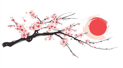 A sakura branch wrapped around a text logo, integrating nature with brand identity, elegant and stylish, flat vector, isolated on white background