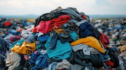 pile of discarded clothing in a landfill. this photo illustrates the environmental impact of textile