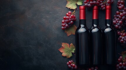 Three Bottles of Red Wine Surrounded by Grapes and Leaves, Black Background, Wine, Grapes, Red Wine