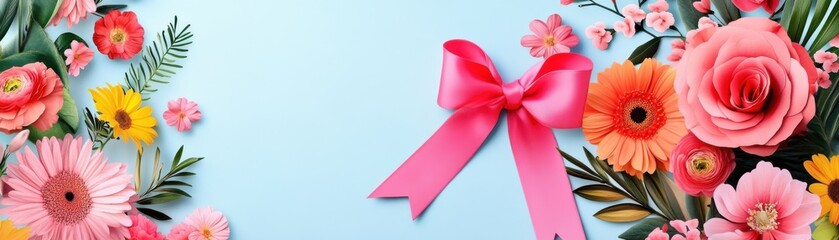 Sticker - Pink Bow and Colorful Flowers on Blue Background