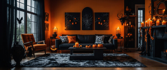 A living room decorated for Halloween with candles and decorations, Halloween party in a living room in Black and Orange, Halloween Background