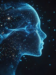 Wall Mural - A profile view of an AI head composed entirely from glowing blue dots, set against the deep space backdrop. 