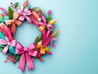 Wall Mural - Colorful Bow Wreath with Green Leaves on Blue Background