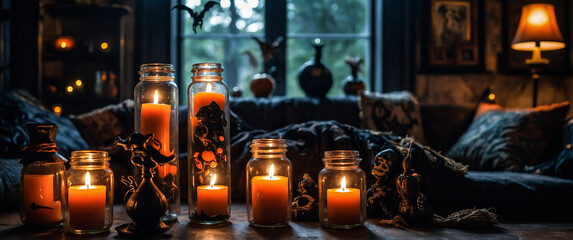 A living room decorated for Halloween with candles and decorations, Halloween party in a living room in Black and Orange, Halloween Background