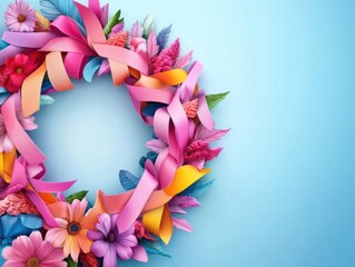 Wall Mural - Colorful Floral Wreath with Ribbons on Light Blue Background