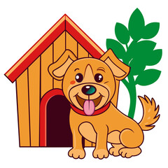 free vector happy dog outside cozy house, vector illustration kawaii