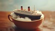© AlexVision - Miniature Ship in a Teacup: A tiny model of a vintage ocean liner, resting on a cloud of cotton in a vintage ceramic teacup, evokes a sense of wonder and the vastness of the sea, all in miniature.
