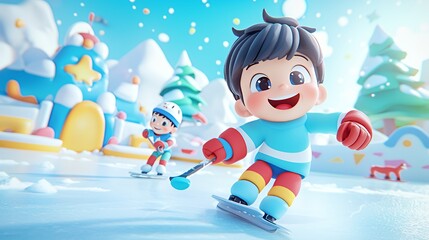 Two cheerful children ice skating in a colorful winter wonderland.