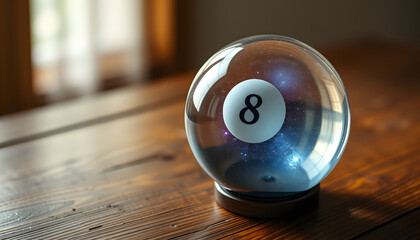 Wall Mural - Magic eight ball with prediction Very Likely on wooden table, closeup isolated with white highlights, png