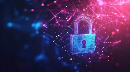 Poster - Digital security background with a padlock and data network connections on dark blue, purple, and pink colors. 