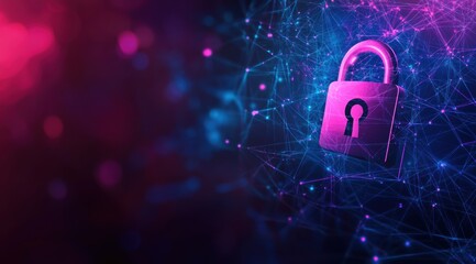 Poster - Digital security background with a padlock and data network connections on dark blue, purple, and pink colors.