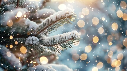 Canvas Print - Winter Wonderland: Snowy Pine Branch with Sparkling Lights