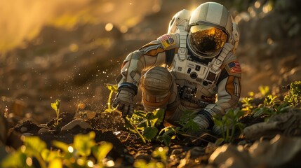 astronaut tends to alien plants on a distant exoplanet