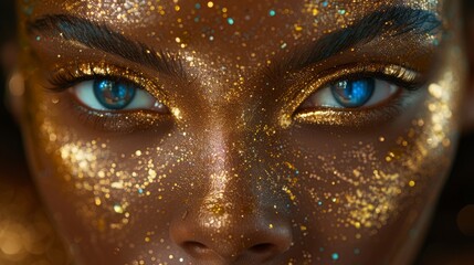 close up of model face with golden paint 